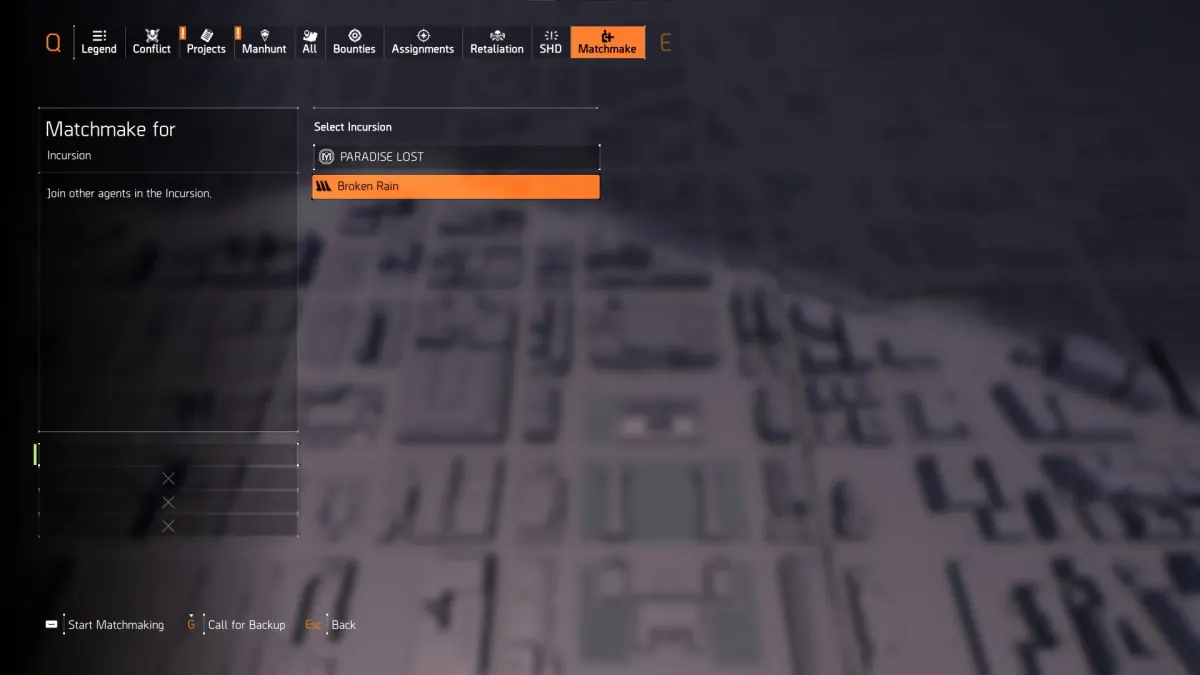 incursion matchmake menu