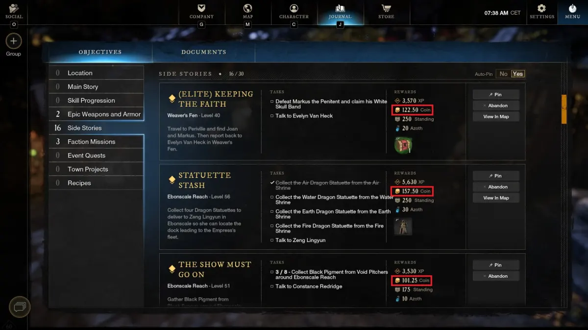 example of side missions gold reward