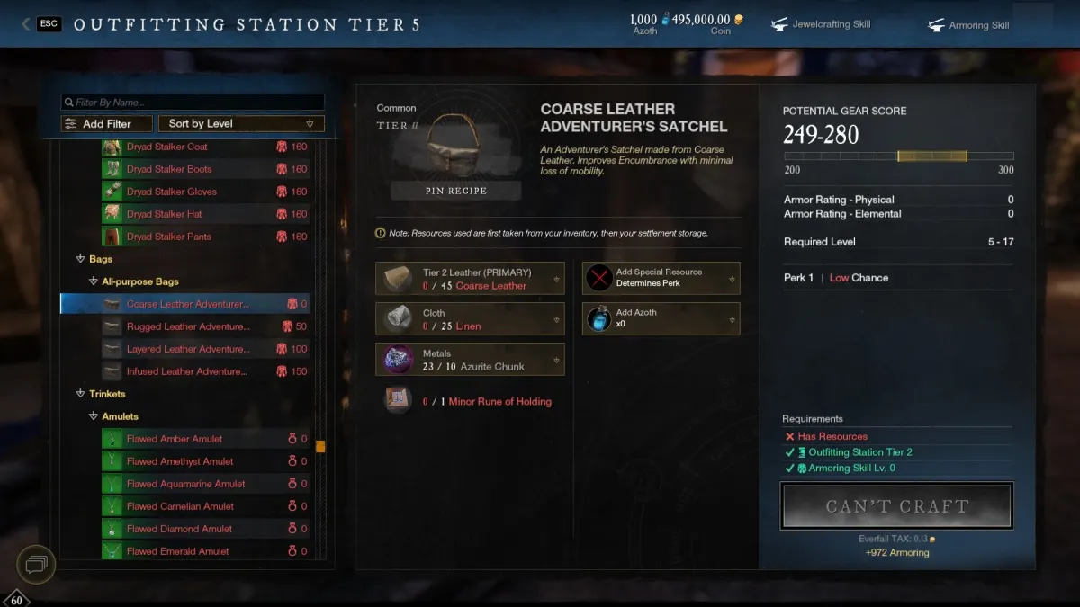 trade skill requirements for crafting bags